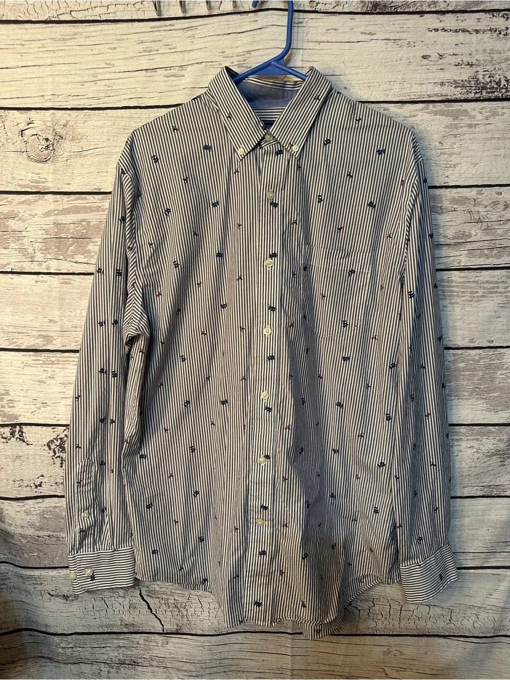 crown & ivy Navy and White Striped Button-Down with flower morif